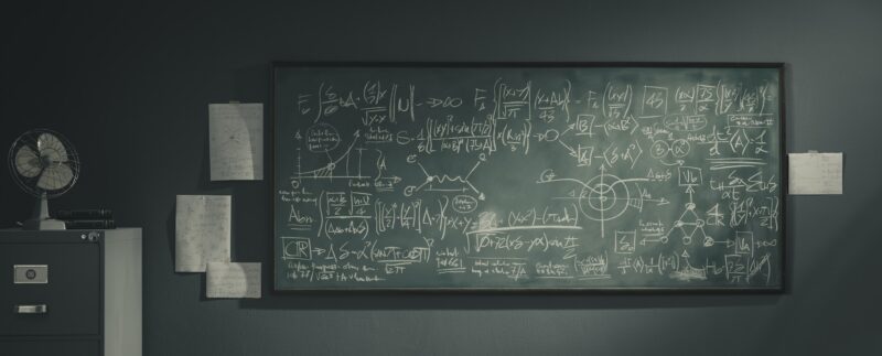 Chalkboard with complex math formulas