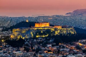 Scenic panoramic view on Acropolis in Athens, Greece at sunset.