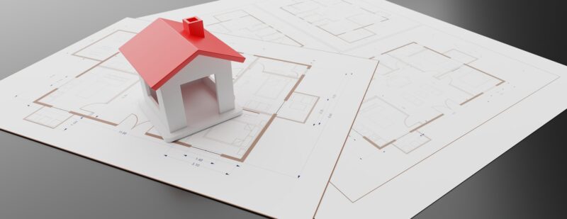 Architecture design, residential building model on blueprint plan, 3d illustration