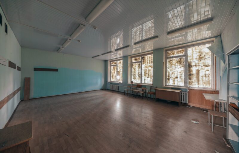 Empty classroom in an abandoned Eastern European school