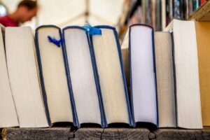 Second hand hardback reading books, literature in a row on a market stall. Blurred background.