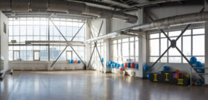 Large, spacious sports hall for training and physical education. Panoramic photo