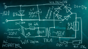 Retro electronics components in physics lab as background