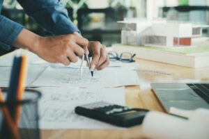 Engineer And Architect Concept, Engineer Architects Office Team Working With Blueprints.