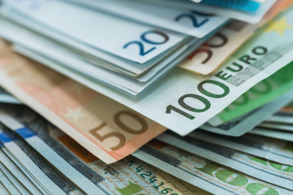 Euro and USA dollar money banknotes background